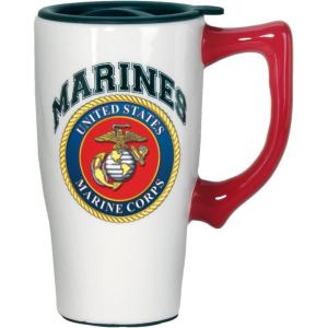 Spoontiques – Ceramic Travel Coffee Mug with Lid and Handle – Spill Proof Lid – Double Walled Mug for Hot and Cold Beverages – Microwave and Dishwasher Safe – Fishing Lures Travel Mug(Marines)