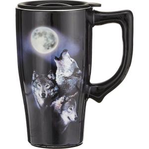Spoontiques – Ceramic Travel Coffee Mug with Lid and Handle – Spill Proof Lid – Double Walled Mug for Hot and Cold Beverages – Microwave and Dishwasher Safe – Fishing Lures Travel Mug(Wolves)