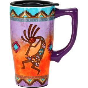 Spoontiques – Ceramic Travel Coffee Mug with Lid and Handle – Spill Proof Lid – Double Walled Mug for Hot and Cold Beverages – Microwave and Dishwasher Safe – Fishing Lures Travel Mug(Kokopelli)