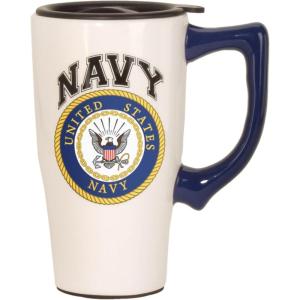 Spoontiques – Ceramic Travel Coffee Mug with Lid and Handle – Spill Proof Lid – Double Walled Mug for Hot and Cold Beverages – Microwave and Dishwasher Safe – Fishing Lures Travel Mug(Navy)
