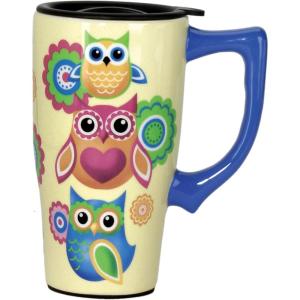 Spoontiques – Ceramic Travel Coffee Mug with Lid and Handle – Spill Proof Lid – Double Walled Mug for Hot and Cold Beverages – Microwave and Dishwasher Safe – Fishing Lures Travel Mug(Owls)