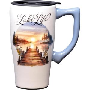Spoontiques – Ceramic Travel Coffee Mug with Lid and Handle – Spill Proof Lid – Double Walled Mug for Hot and Cold Beverages – Microwave and Dishwasher Safe – Fishing Lures Travel Mug(Lake Life)