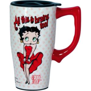 Spoontiques – Ceramic Travel Coffee Mug with Lid and Handle – Spill Proof Lid – Double Walled Mug for Hot and Cold Beverages – Microwave and Dishwasher Safe – Gilmore Girls Travel Mug(Betty Boop Dress)