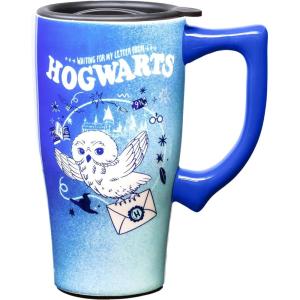 Spoontiques – Ceramic Travel Coffee Mug with Lid and Handle – Spill Proof Lid – Double Walled Mug for Hot and Cold Beverages – Microwave and Dishwasher Safe – Gilmore Girls Travel Mug(HP Hedwig)