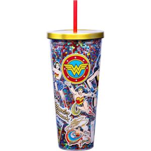Spoontiques – Glitter Filled Acrylic Tumbler – Glitter Cup with Straw – 20 oz – Stainless Steel Locking Lid with Straw – Double Wall Insulated – BPA Free – Frosty the Snowman Glitter Cup(Wonder Woman)