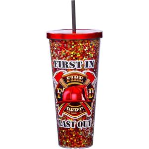 Spoontiques – Glitter Filled Acrylic Tumbler – Glitter Cup with Straw – 32oz - Stainless Steel Locking Lid with Straw – Double Wall Insulated – BPA Free – Axolotl(Firefighter)