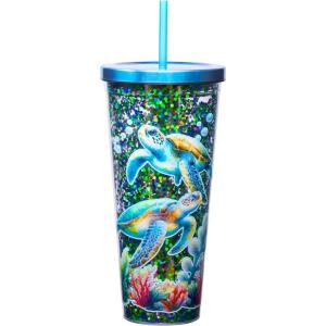 Spoontiques – Glitter Filled Acrylic Tumbler – Glitter Cup with Straw – 32oz - Stainless Steel Locking Lid with Straw – Double Wall Insulated – BPA Free – Axolotl(Sea Turtle)