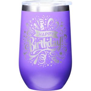Spoontiques Happy Birthday Etched Stainless Steel Tumbler – Insulated Wine Tumbler with Lid – Double Wall Stainless Steel Stemless Wine Glass – 16oz – 5 5/8″ Tall