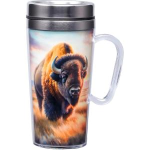Spoontiques Insulated Travel Mug, 14oz – Double Wall Stainless & Acrylic Drink Cup with Twist Top Lid & Handle – Horse(Buffalo)