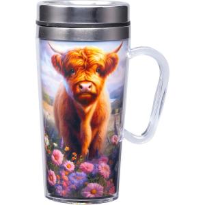 Spoontiques Insulated Travel Mug, 14oz – Double Wall Stainless & Acrylic Drink Cup with Twist Top Lid & Handle – Horse(Highland Cow)