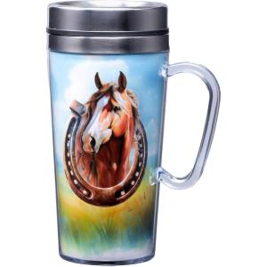 Spoontiques Insulated Travel Mug, 14oz – Double Wall Stainless & Acrylic Drink Cup with Twist Top Lid & Handle – Horse(Horse)