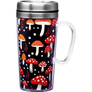 Spoontiques Insulated Travel Mug, 14oz – Double Wall Stainless & Acrylic Drink Cup with Twist Top Lid & Handle – Horse(Mushroom)
