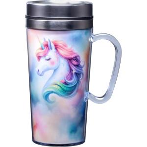 Spoontiques Insulated Travel Mug, 14oz – Double Wall Stainless & Acrylic Drink Cup with Twist Top Lid & Handle – Horse(Unicorn)