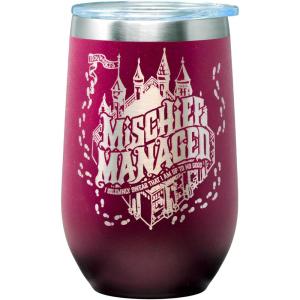 Spoontiques Mischief Managed Etched Stainless Steel Tumbler – Insulated Wine Tumbler with Lid – Double Wall Stainless Steel Stemless Wine Glass – 16oz – 5 5/8″ Tall(Mischief  Etched)