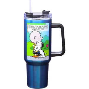 Spoontiques Peanuts Stainless Steel Travel Mug, 40oz – Double Wall Insulation, Sturdy Handle, Sliding Lock Travel Lid – Joe Cool(Peanuts)