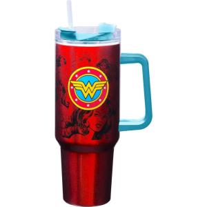 Spoontiques Peanuts Stainless Steel Travel Mug, 40oz – Double Wall Insulation, Sturdy Handle, Sliding Lock Travel Lid – Joe Cool(Wonder Woman)