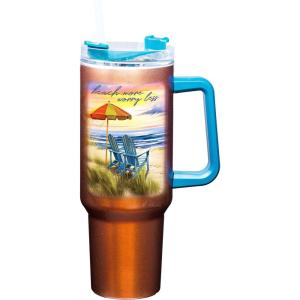 Spoontiques Stainless Steel Travel Mug, 40oz – Double Wall Insulation, Sturdy Handle, Sliding Lock Travel Lid – Camo(Beach)