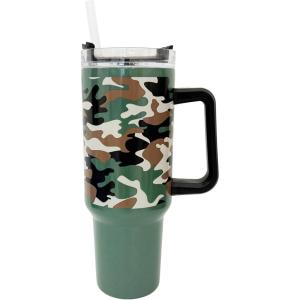 Spoontiques Stainless Steel Travel Mug, 40oz – Double Wall Insulation, Sturdy Handle, Sliding Lock Travel Lid – Camo(Camo)