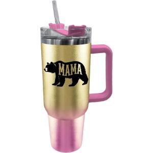 Spoontiques Stainless Steel Travel Mug, 40oz – Double Wall Insulation, Sturdy Handle, Sliding Lock Travel Lid – Camo(Mama Bear)