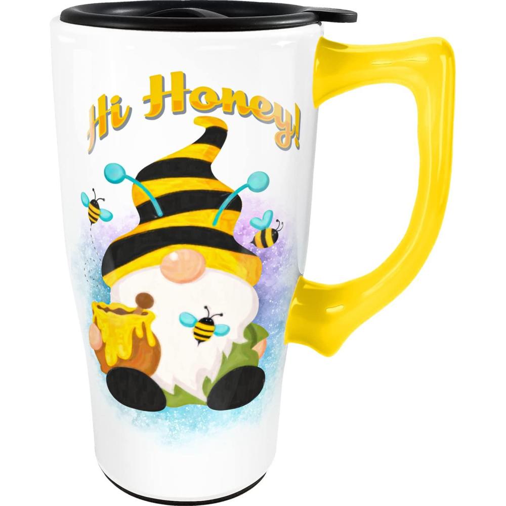 image:imageSpoontiques Ceramic Travel Coffee Mug with Lid and Handle Spill Proof Lid Double Walled Mug for Hot and Cold Beverages Microwave and Dishwasher Safe Hi Honey Gnome Travel Mug