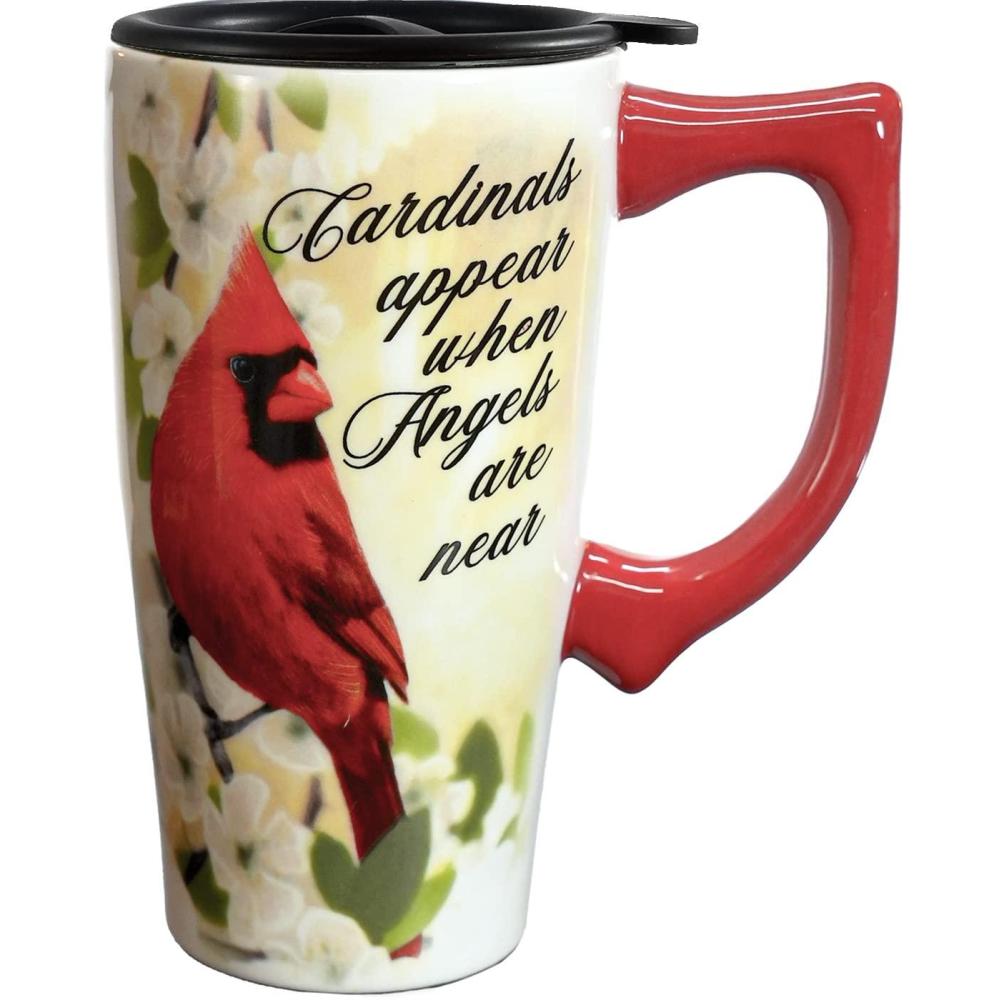 image:imageSpoontiques Ceramic Travel Coffee Mug with Lid and Handle Spill Proof Lid Double Walled Mug for Hot and Cold Beverages Microwave and Dishwasher Safe Cardinal Memorial Travel Mug