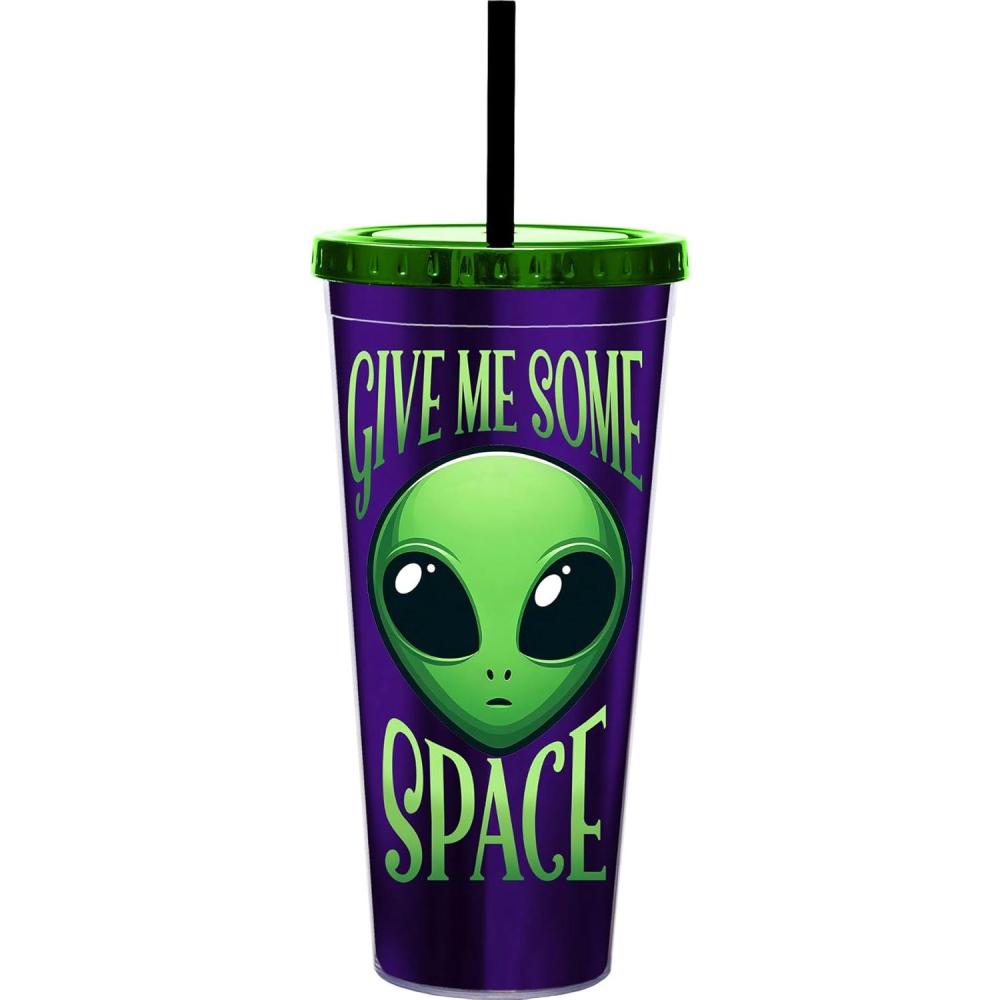 image:imageSpoontiques Acrylic Foil Cup with Straw 20oz Metallic Locking Double Wall Insulated BPA Free ElvisAlien