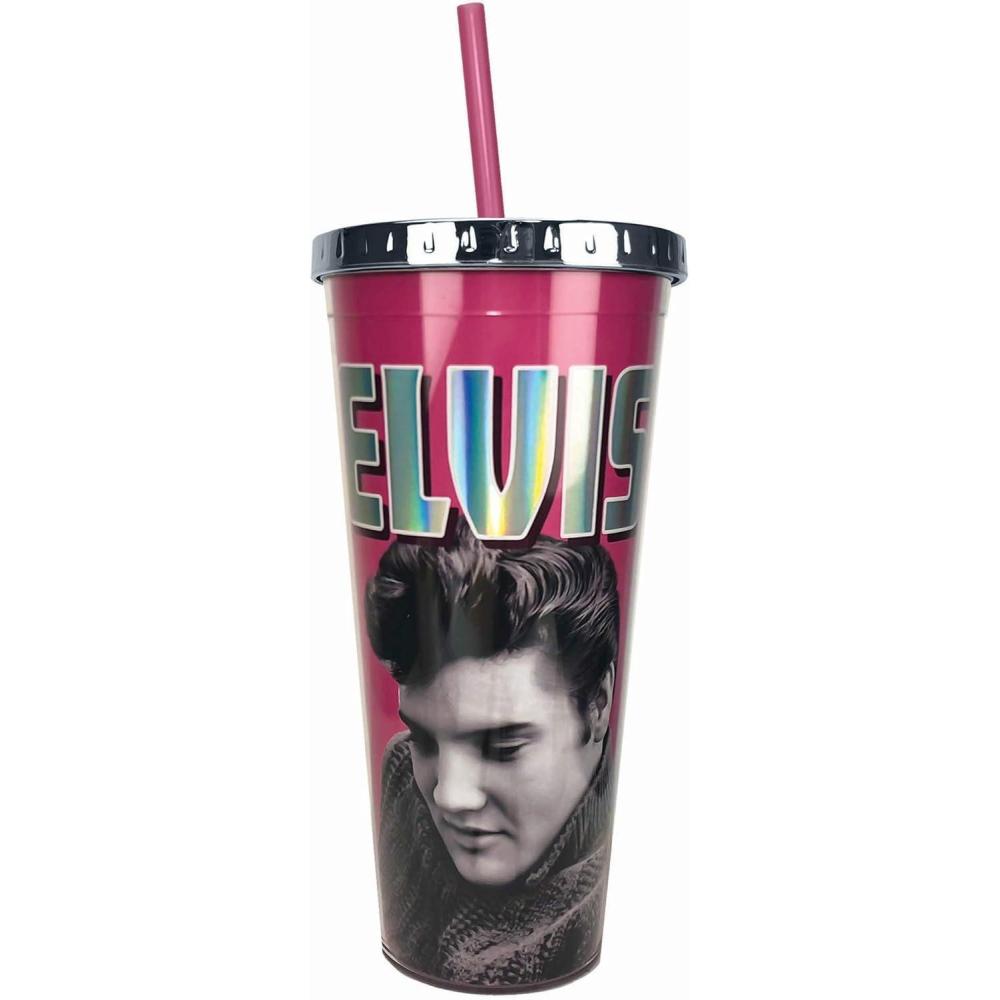 image:imageSpoontiques Acrylic Foil Cup with Straw 20oz Metallic Locking Double Wall Insulated BPA Free ElvisElvis