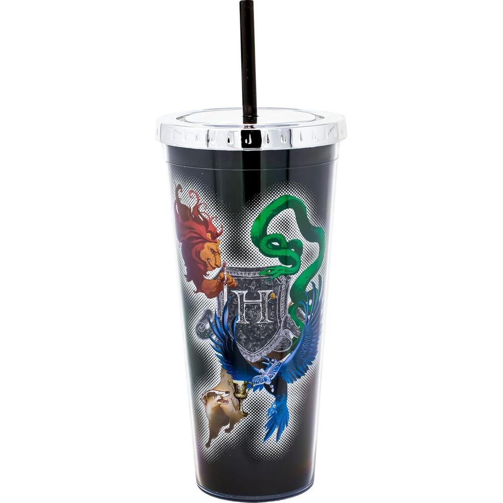 image:imageSpoontiques Acrylic Foil Cup with Straw 20oz Metallic Locking Double Wall Insulated BPA Free ElvisHarry Potter Crest