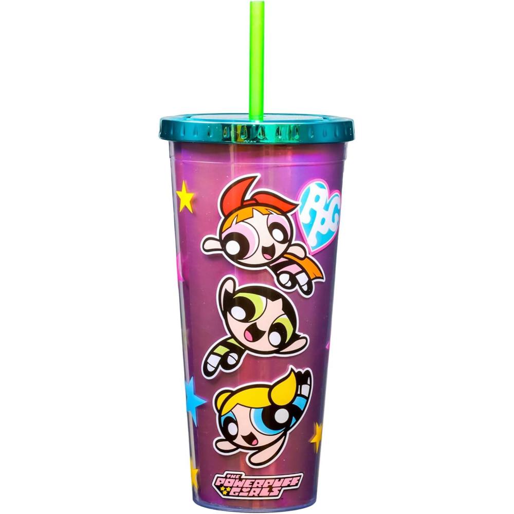 image:imageSpoontiques Acrylic Foil Cup with Straw 20oz  Metallic Locking Double Wall Insulated BPA Free  ElvisPowerpuff Girls