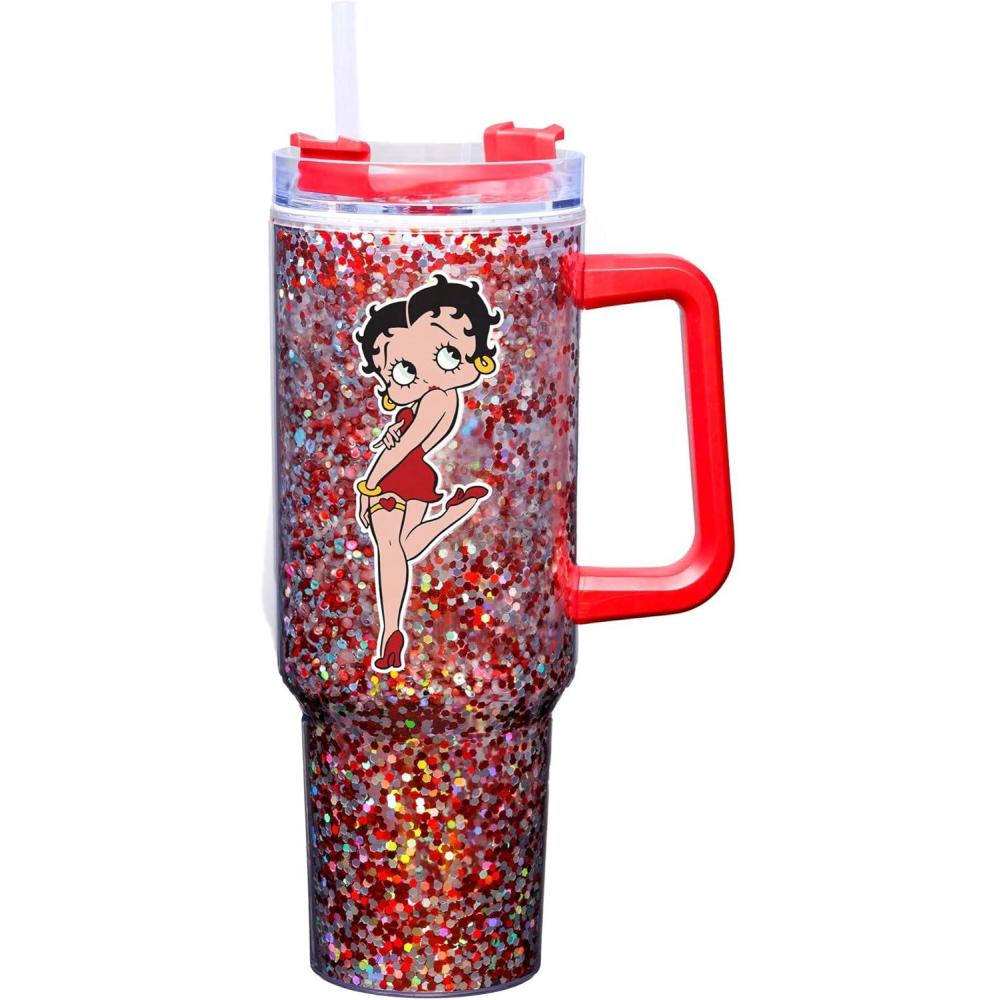 image:imageSpoontiques Betty Boop 40oz Glitter Acrylic Travel Mug Double Wall Acrylic with Sliding Lock Travel Lid and Straw 11 Tall