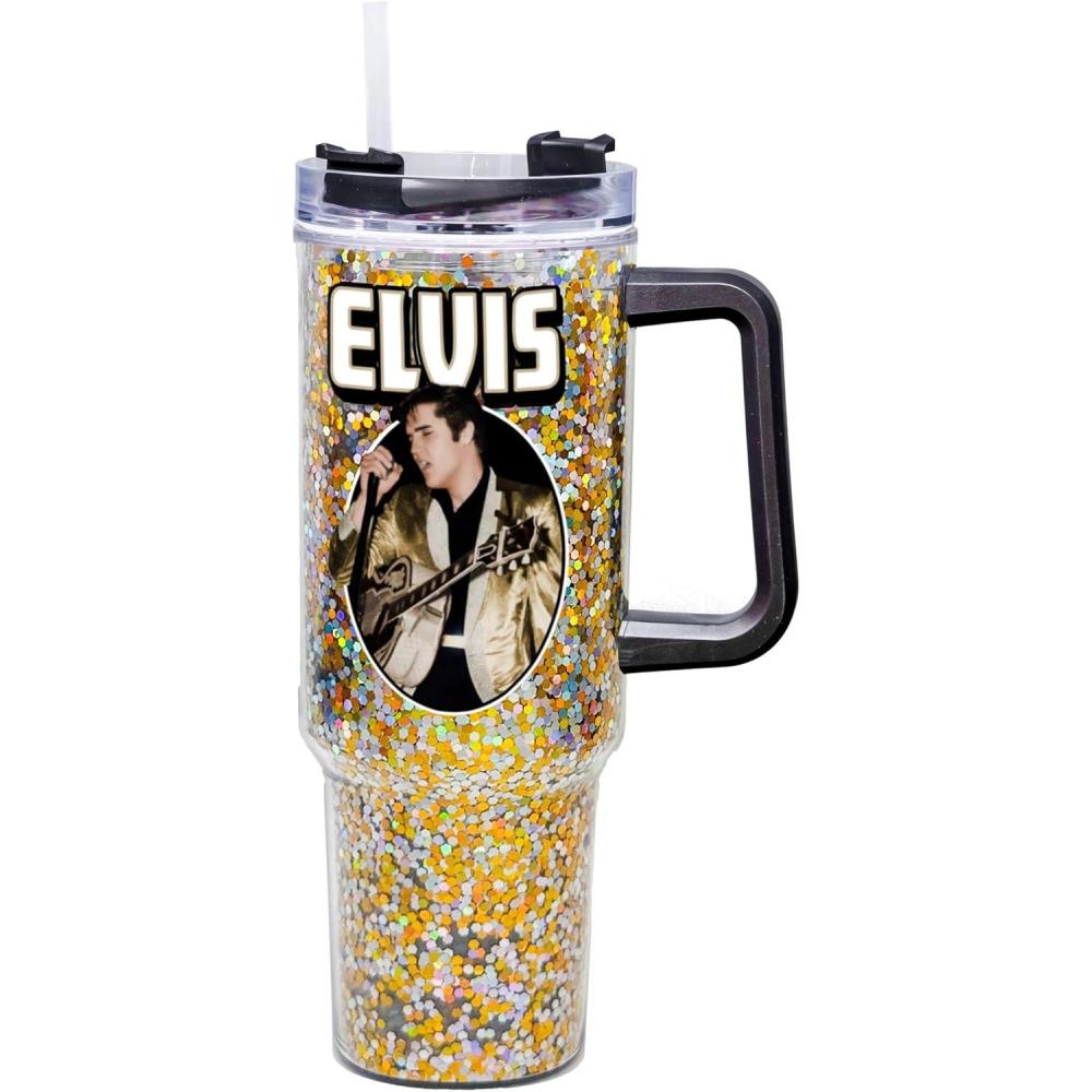image:imageSpoontiques Elvis 40oz Glitter Acrylic Travel Mug  Double Wall Acrylic with Sliding Lock Travel Lid and Straw  11 Tall