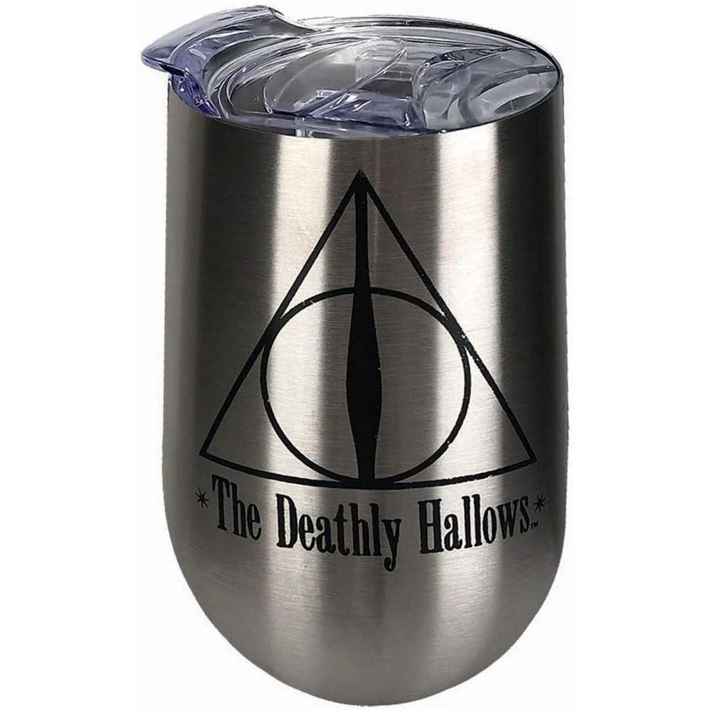 image:imageSpoontiques Harry Potter Stainless Steel Wine Tumbler 16 Oz Double Wall Insulated Drink Cup with Lid for Travel HogwartsDeathly Hallows