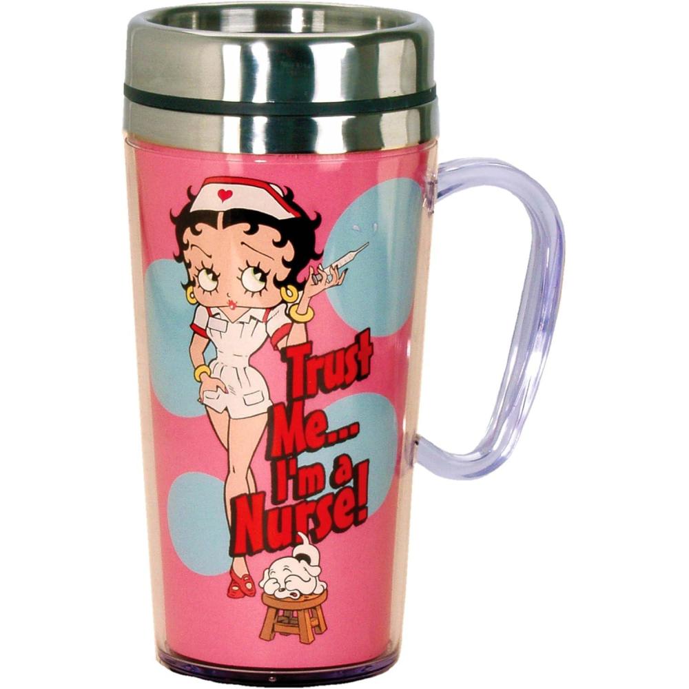 image:imageSpoontiques Insulated Travel Mug 14oz Double Wall Stainless amp Acrylic Drink Cup with Twist Top Lid amp Handle Scooby DooBetty Boop Nurse