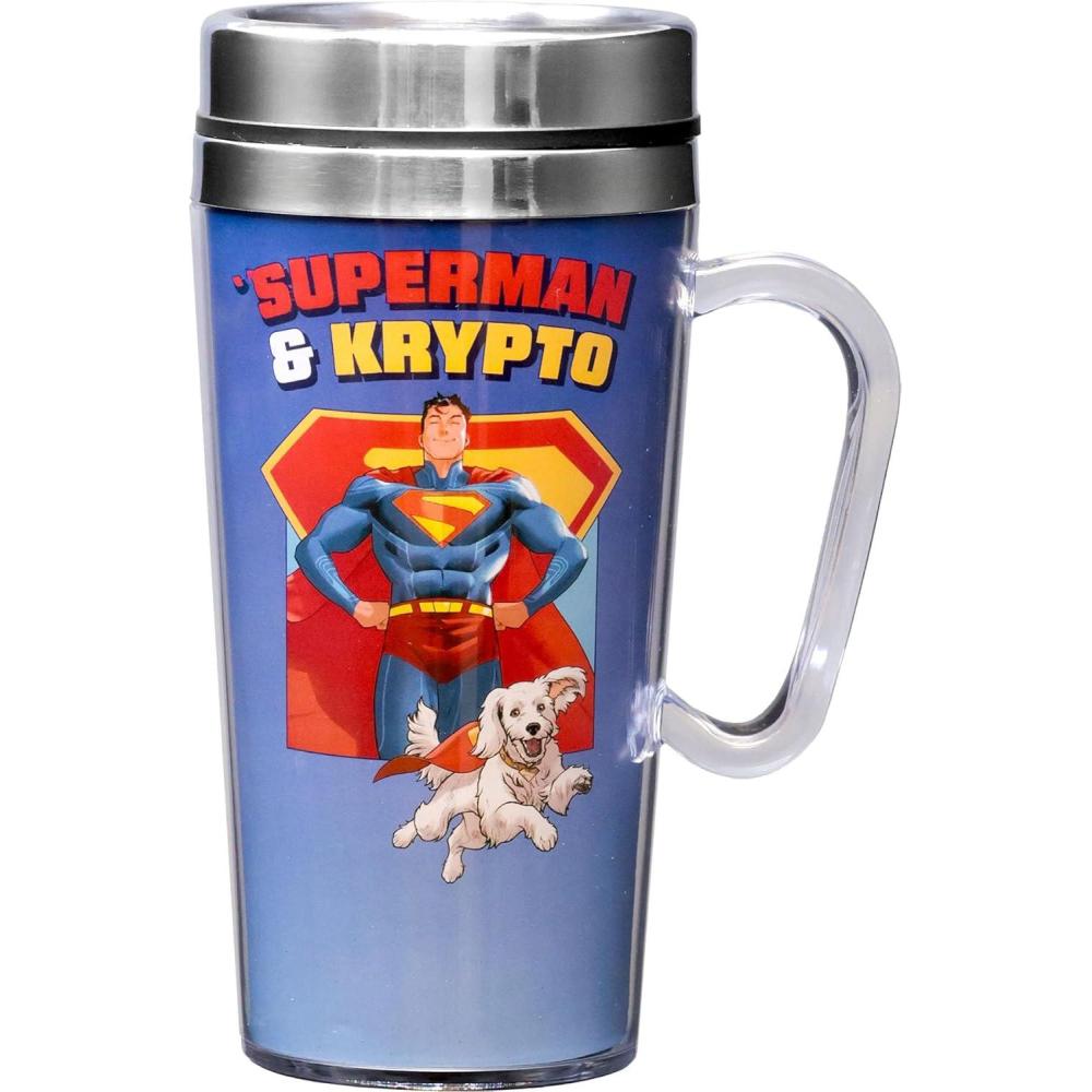 image:imageSpoontiques Insulated Travel Mug 14oz Double Wall Stainless amp Acrylic Drink Cup with Twist Top Lid amp Handle Scooby DooSuperman Legacy