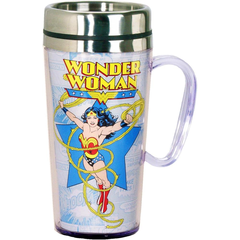 image:imageSpoontiques Insulated Travel Mug 14oz  Double Wall Stainless amp Acrylic Drink Cup with Twist Top Lid amp Handle  Scooby DooWonder Woman