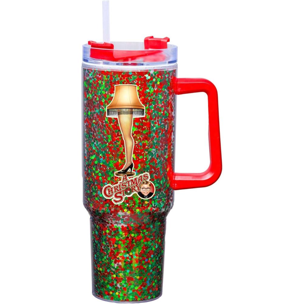 image:imageSpoontiques Leg Lamp 40oz Glitter Acrylic Travel Mug  Double Wall Acrylic with Sliding Lock Travel Lid and Straw  11 TallLeg Lamp