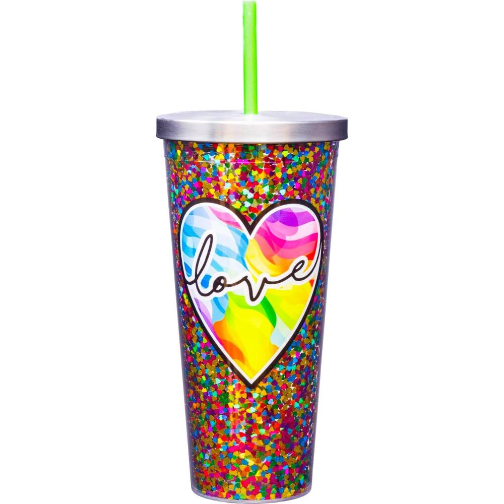 image:imageSpoontiques Love Glitter Cup Tumbler with Stainless Steel Lid and Straw 20 oz Acrylic MulticoloredLove