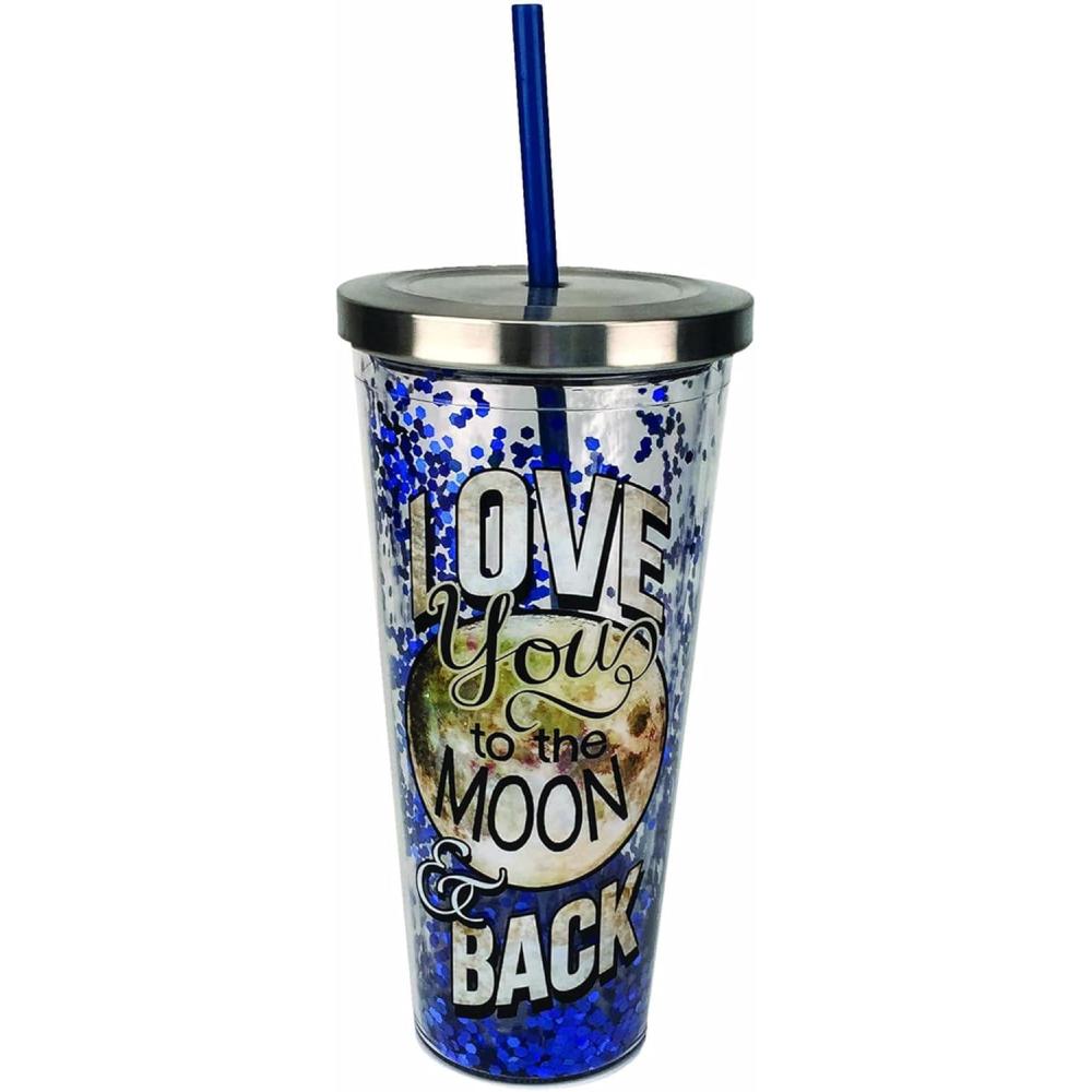 image:imageSpoontiques Love Glitter Cup Tumbler with Stainless Steel Lid and Straw 20 oz Acrylic MulticoloredMoon Back