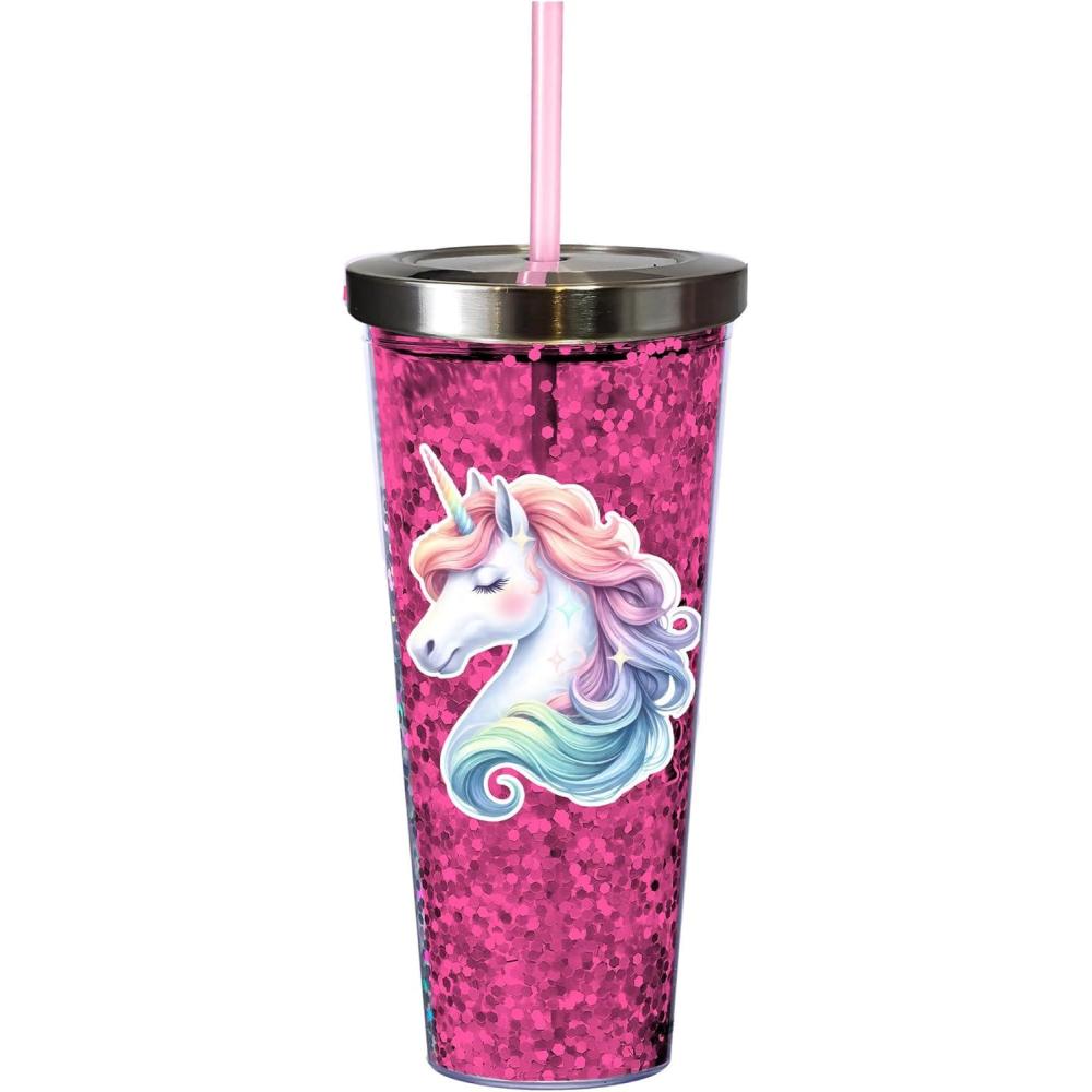 image:imageSpoontiques Love Glitter Cup Tumbler with Stainless Steel Lid and Straw 20 oz Acrylic MulticoloredUnicorn
