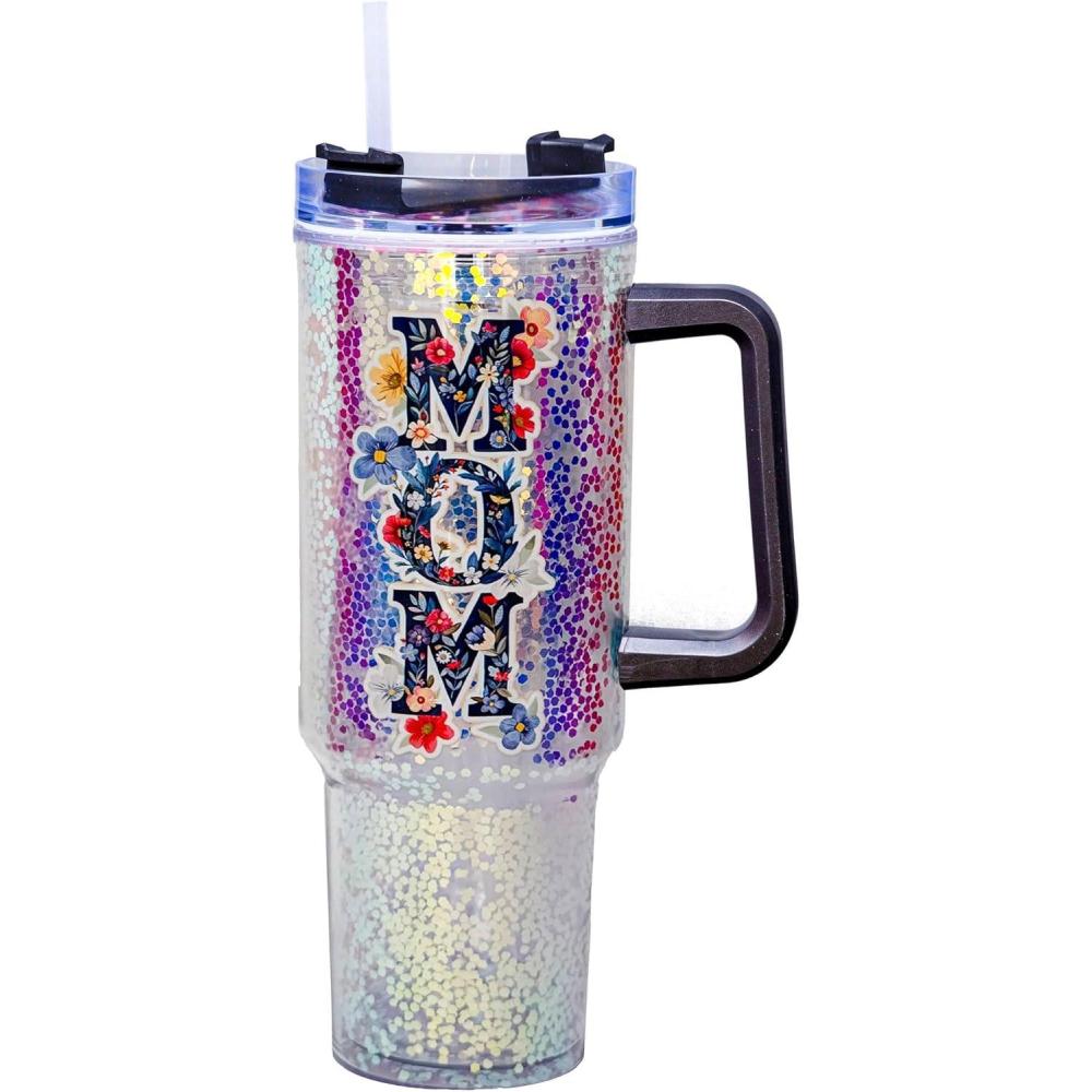 image:imageSpoontiques Mom 40oz Glitter Acrylic Travel Mug Double Wall Acrylic with Sliding Lock Travel Lid and Straw 11 Tall