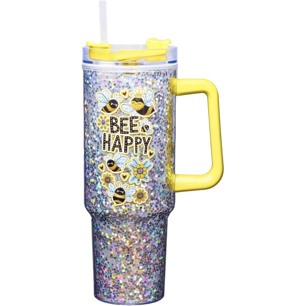 image:imageSpoontiques Oz 40oz Acrylic Travel Mug Double Wall Acrylic with Sliding Lock Travel Lid and Straw 11 TallBee Happy
