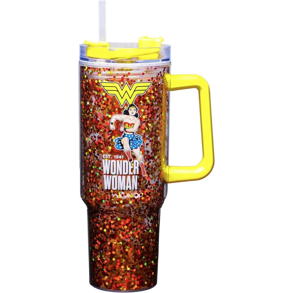 image:imageSpoontiques Oz 40oz Acrylic Travel Mug Double Wall Acrylic with Sliding Lock Travel Lid and Straw 11 TallWonder Woman