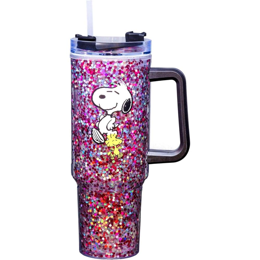 image:imageSpoontiques Peanuts 40oz Glitter Acrylic Travel Mug Double Wall Acrylic with Sliding Lock Travel Lid and Straw 11 Tall