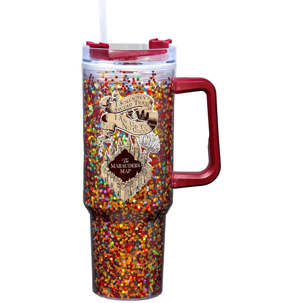 image:imageSpoontiques Solemnly Swear 40oz Glitter Acrylic Travel Mug Double Wall Acrylic with Sliding Lock Travel Lid and Straw 11 Tall