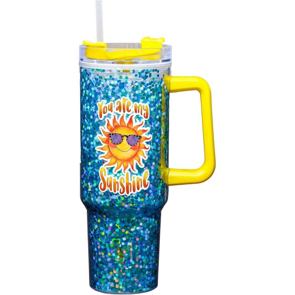 image:imageSpoontiques Sunshine 40oz Glitter Acrylic Travel Mug Double Wall Acrylic with Sliding Lock Travel Lid and Straw 11 Tall