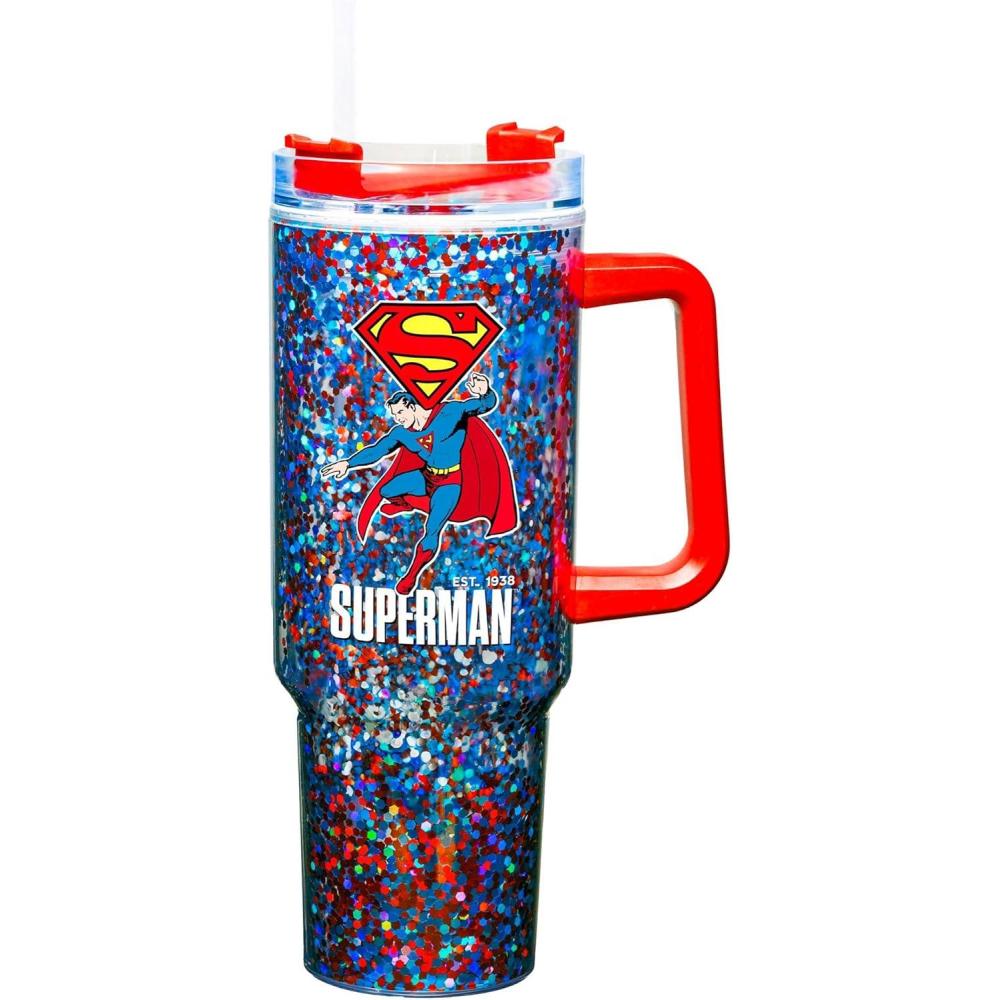 image:imageSpoontiques Superman 40oz Glitter Acrylic Travel Mug Double Wall Acrylic with Sliding Lock Travel Lid and Straw 11 Tall