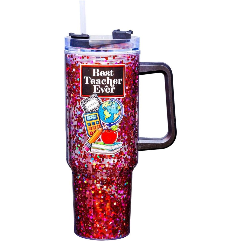 image:imageSpoontiques Teacher 40oz Glitter Acrylic Travel Mug Double Wall Acrylic with Sliding Lock Travel Lid and Straw 11 Tall