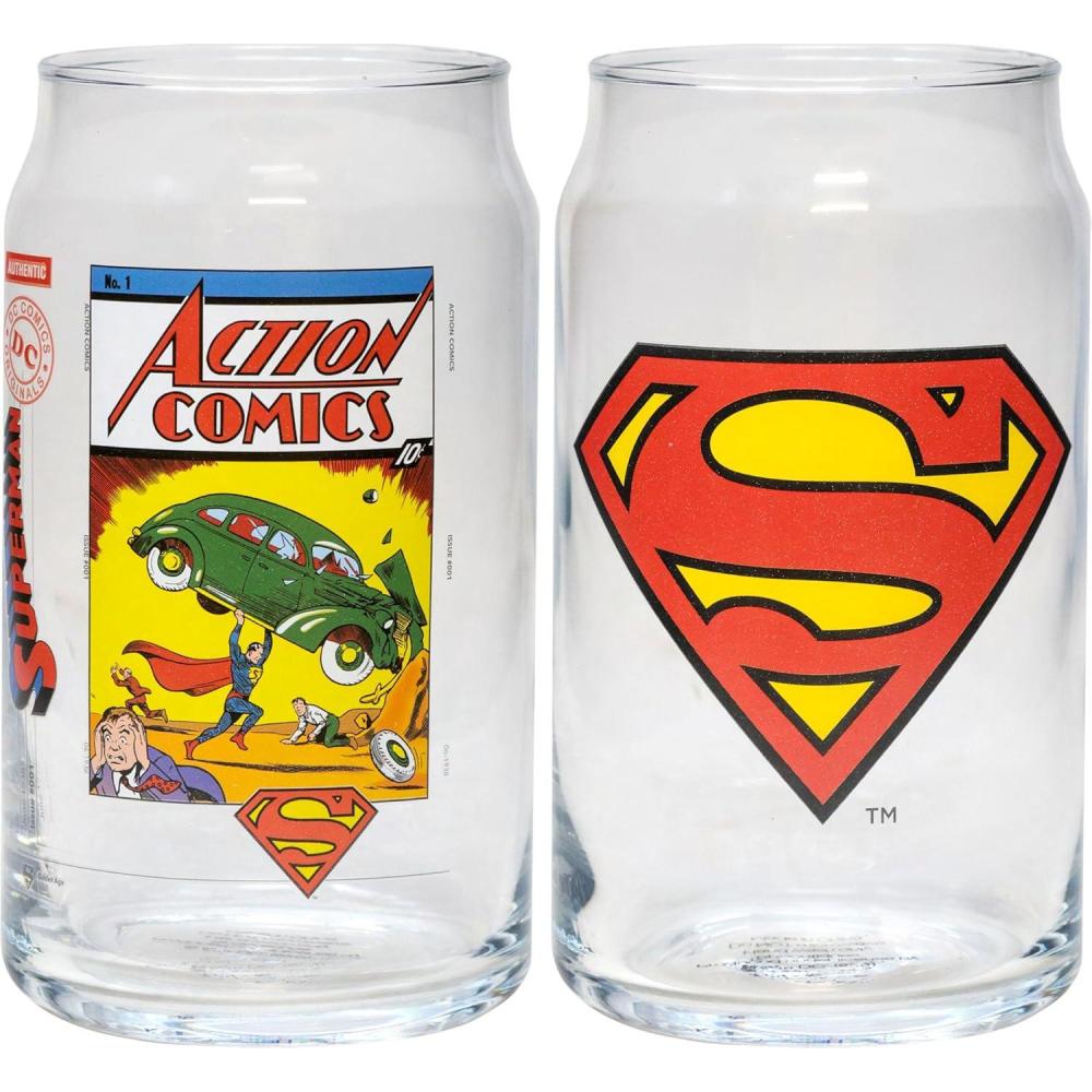 image:imageSpoontiques Wonder Woman Glass Set 2 Unique Glasses Per Set in Colorful Decorative Gift Box 16oz 5 14 TallSuperman