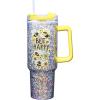 Spoontiques Oz 40oz Acrylic Travel Mug – Double Wall Acrylic with Sliding Lock Travel Lid and Straw – 11″ Tall(Bee Happy)