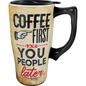 Spoontiques – Ceramic Travel Coffee Mug with Lid and Handle – Spill Proof Lid – Double Walled Mug for Hot and Cold Beverages – Microwave and Dishwasher Safe – Coffee First Travel Mug